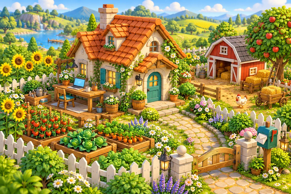 A sunny creative farm studio with a cottage, laptop, sunflowers, and a winding garden path